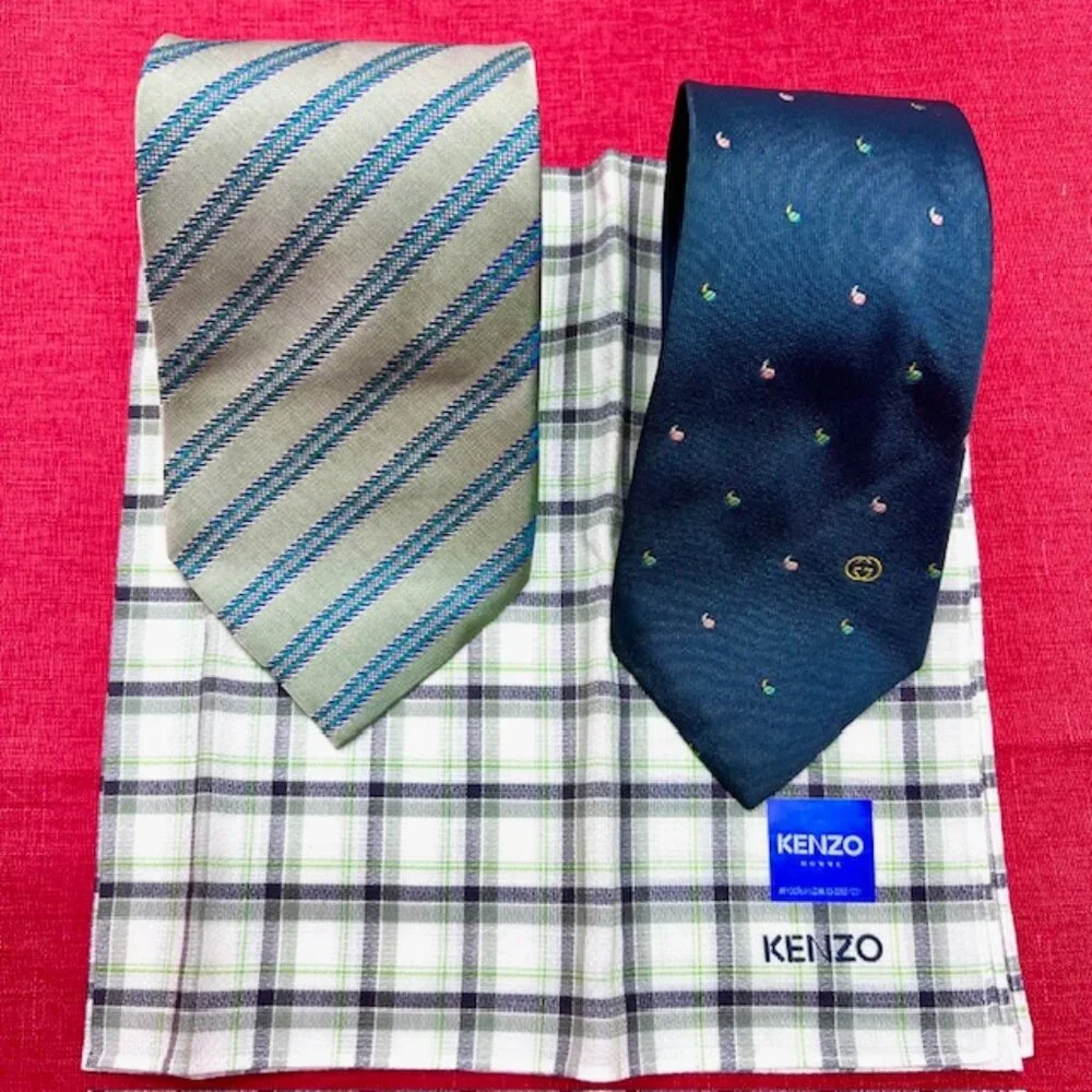 2 Neck Ties Silk: Gucci dark green & KT Homme +1 Kenzo Paris Handkerchief (40)